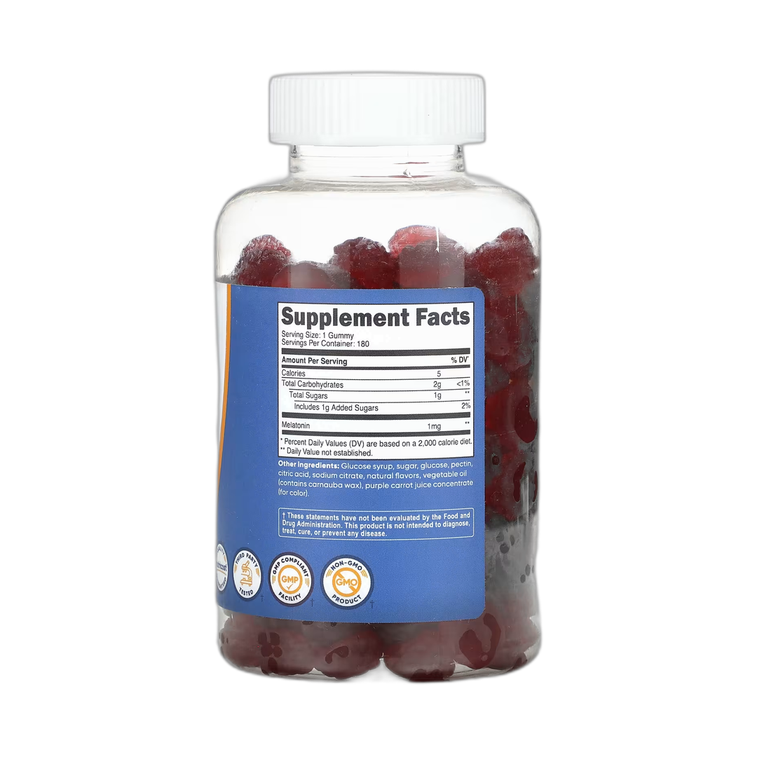 Nutricost, Melatonin, Strawberry, 1 mg, 180 Gummies back packaging view