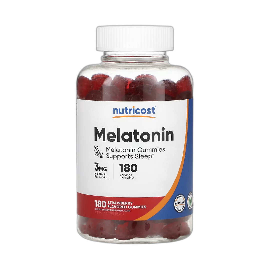 Nutricost, Melatonin Gummies, Strawberry, 3 mg, 180 Gummies front packaging view
