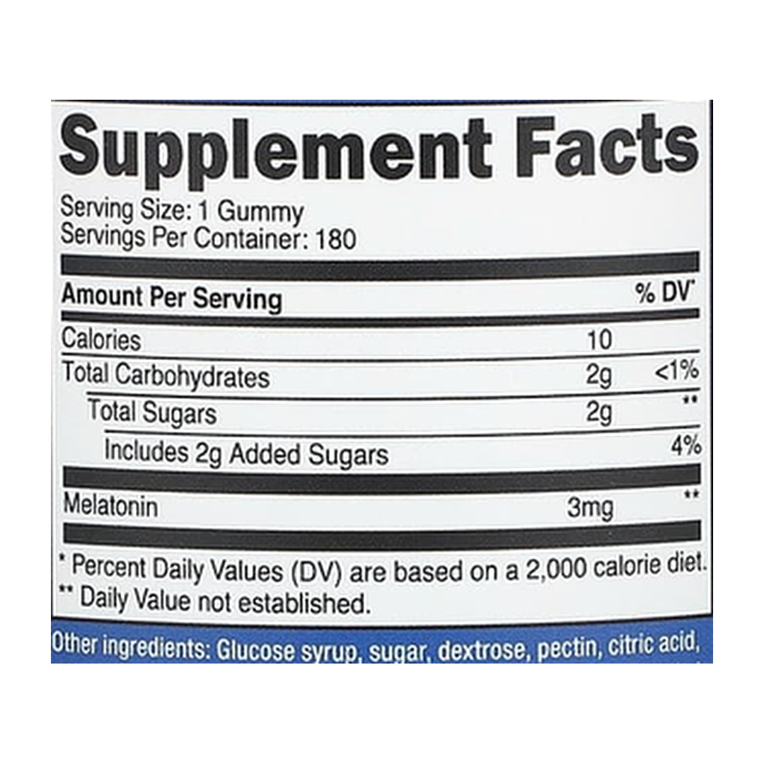 Nutricost, Melatonin Gummies, Strawberry, 3 mg, 180 Gummies supplement facts label showing ingredients, vitamins, minerals, and serving information