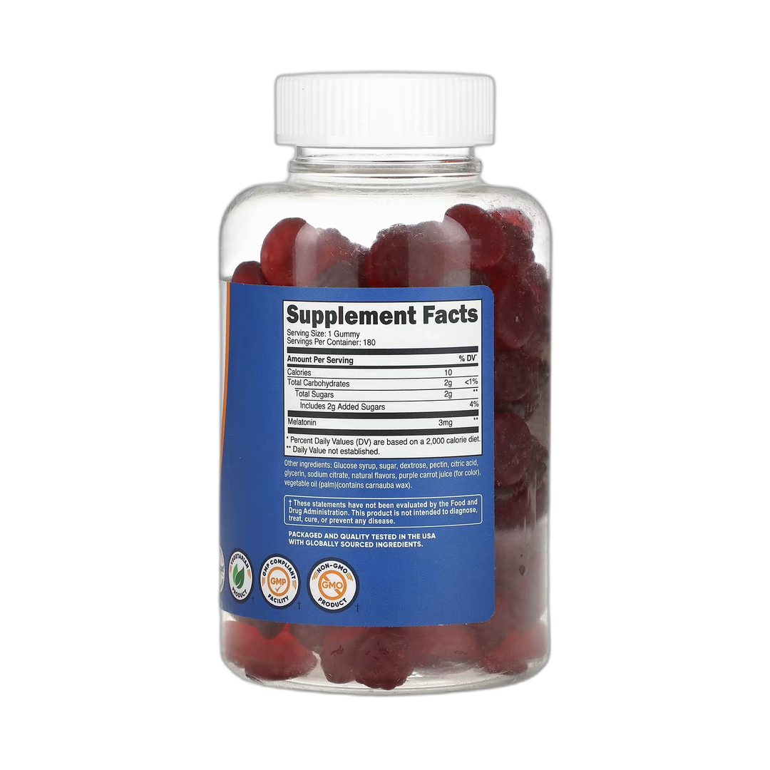 Nutricost, Melatonin Gummies, Strawberry, 3 mg, 180 Gummies back packaging view