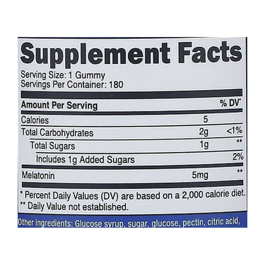 Nutricost, Melatonin, Strawberry, 5 mg, 180 Gummies supplement facts label showing ingredients, vitamins, minerals, and serving information