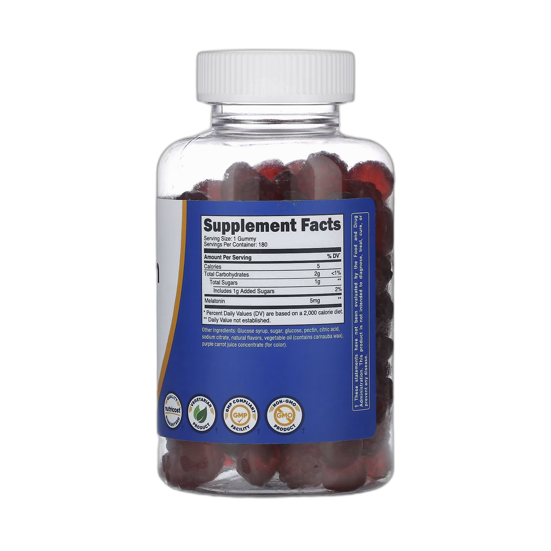 Nutricost, Melatonin, Strawberry, 5 mg, 180 Gummies back packaging view