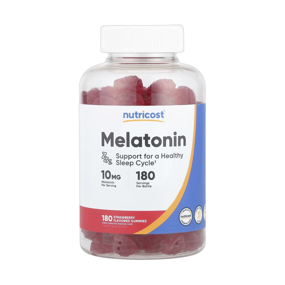 Nutricost, Melatonin Gummies, Strawberry, 10 mg, 180 Gummies front packaging view