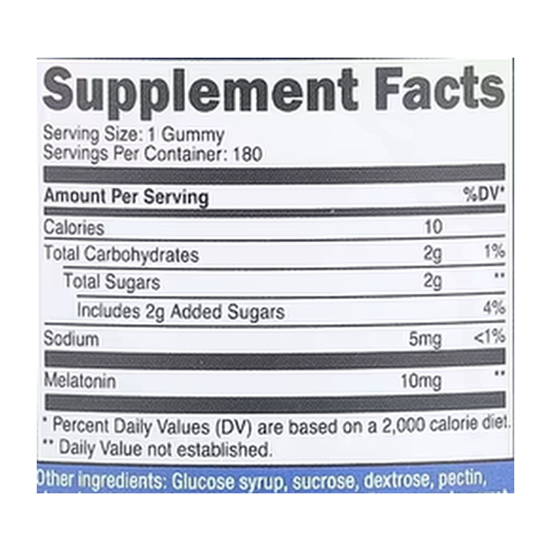 Nutricost, Melatonin Gummies, Strawberry, 10 mg, 180 Gummies supplement facts label showing ingredients, vitamins, minerals, and serving information