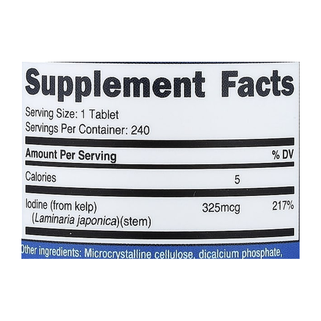 Nutricost, Kelp, 325 mcg, 240 Tablets supplement facts label showing ingredients, vitamins, minerals, and serving information