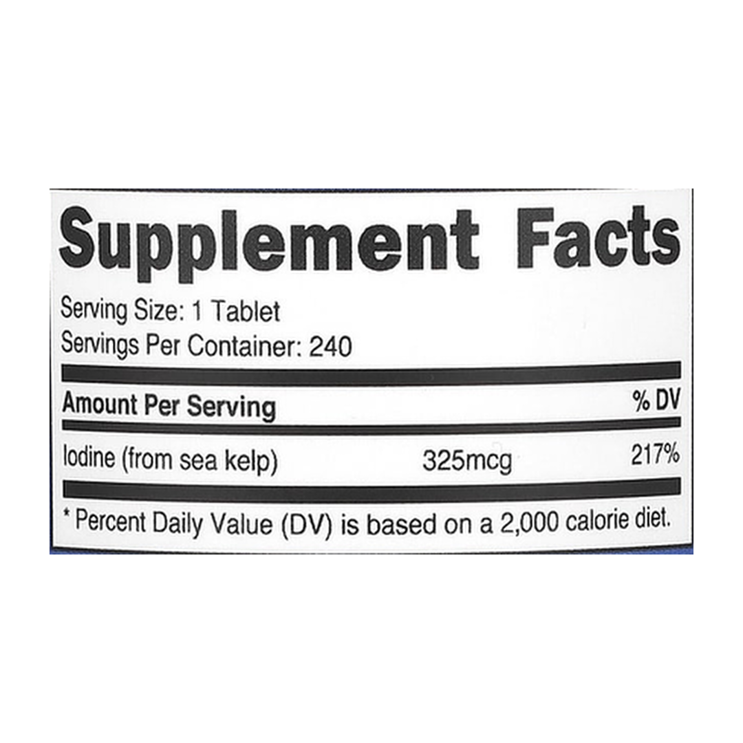 Nutricost, Iodine, 325 mcg, 240 Tablets supplement facts label showing ingredients, vitamins, minerals, and serving information