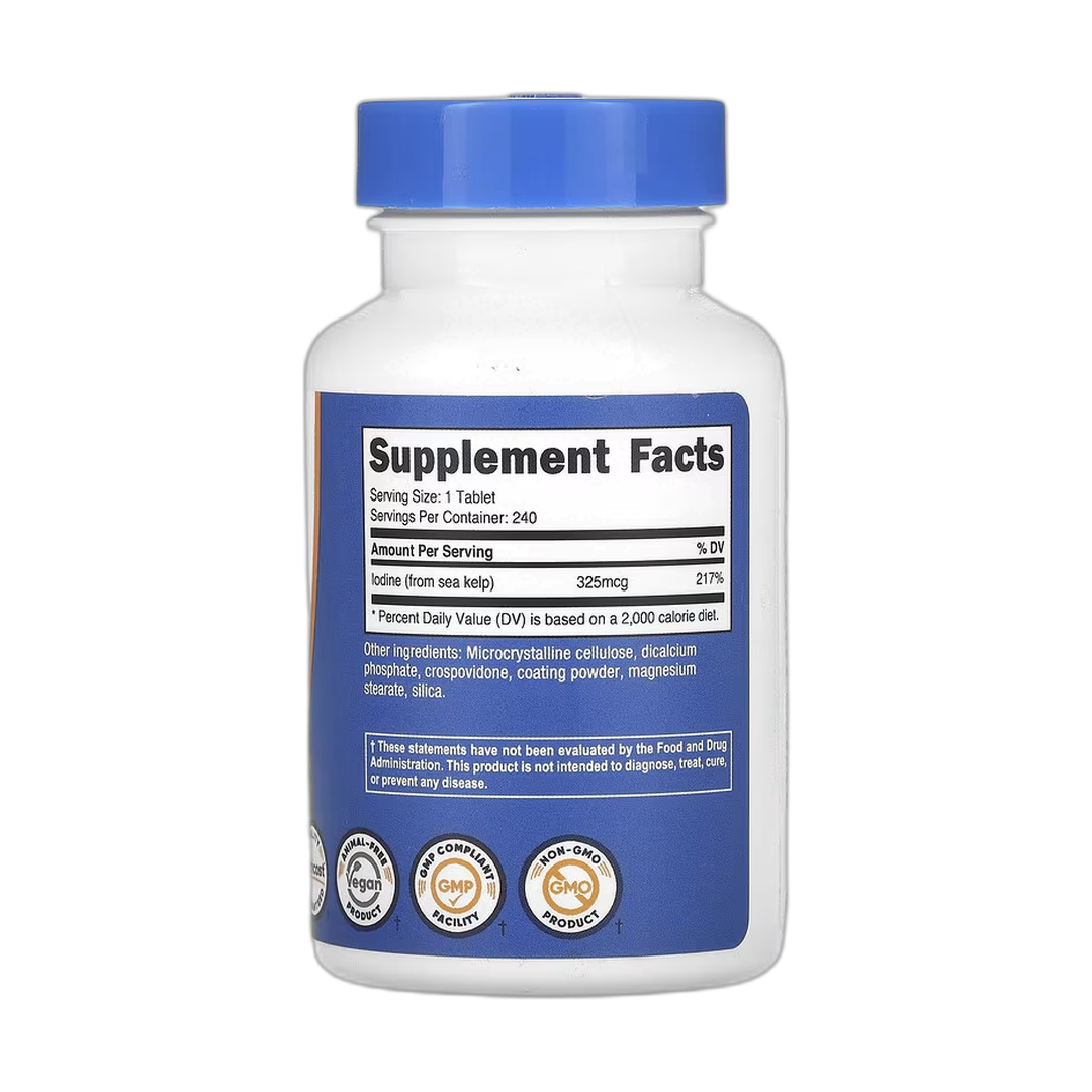 Nutricost, Iodine, 325 mcg, 240 Tablets back packaging view
