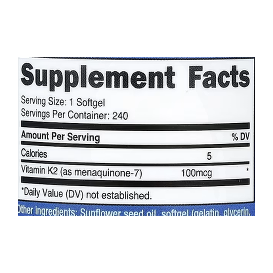 Nutricost, Vitamin K2 MK-7, 100 mcg, 240 Softgels supplement facts label showing ingredients, vitamins, minerals, and serving information