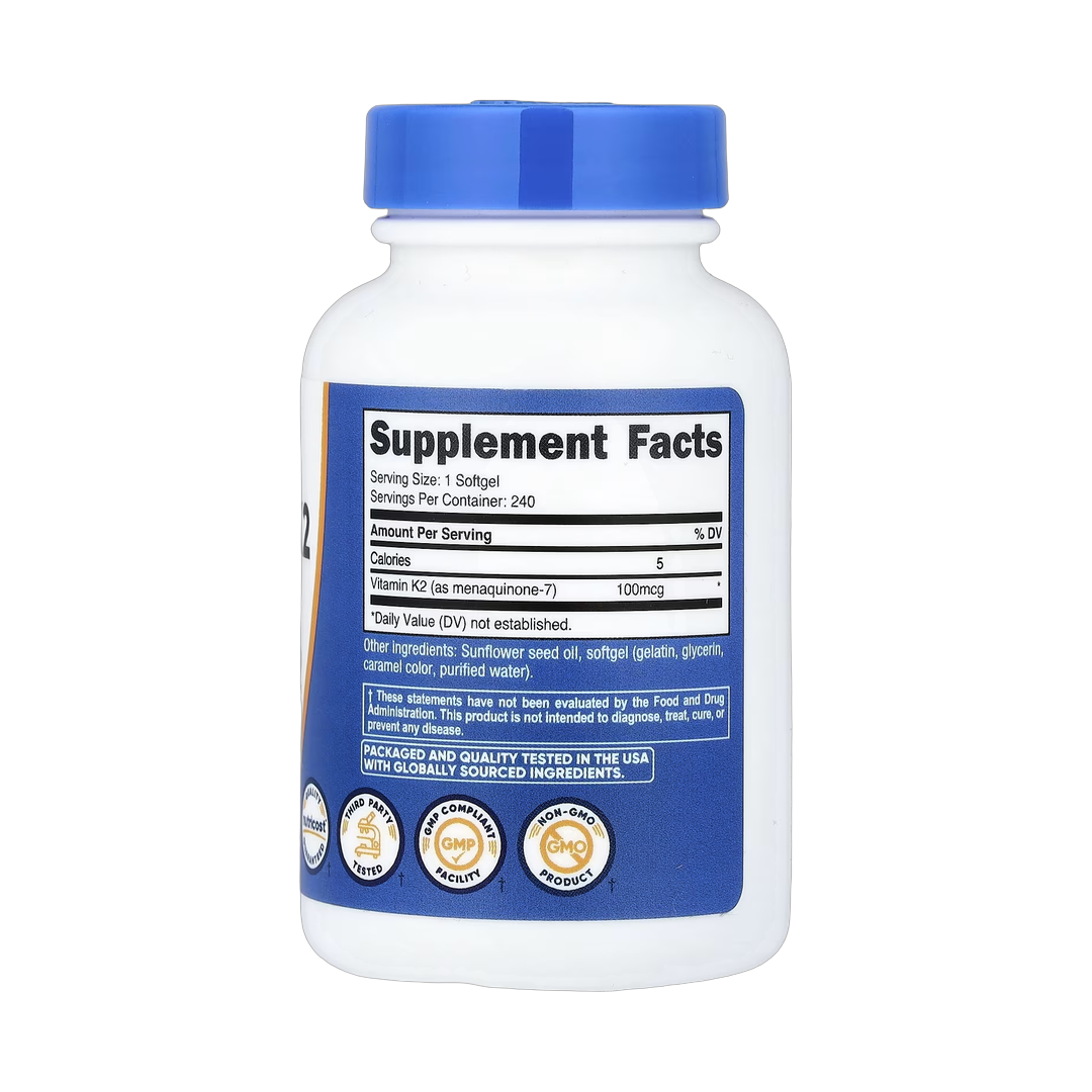Nutricost, Vitamin K2 MK-7, 100 mcg, 240 Softgels back packaging view