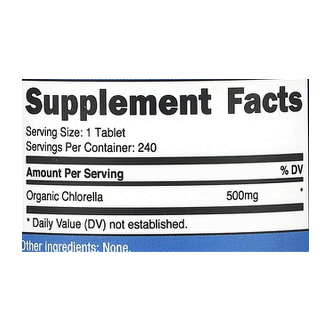 Nutricost, Organic Chlorella, 500 mg, 240 Tablets supplement facts label showing ingredients, vitamins, minerals, and serving information