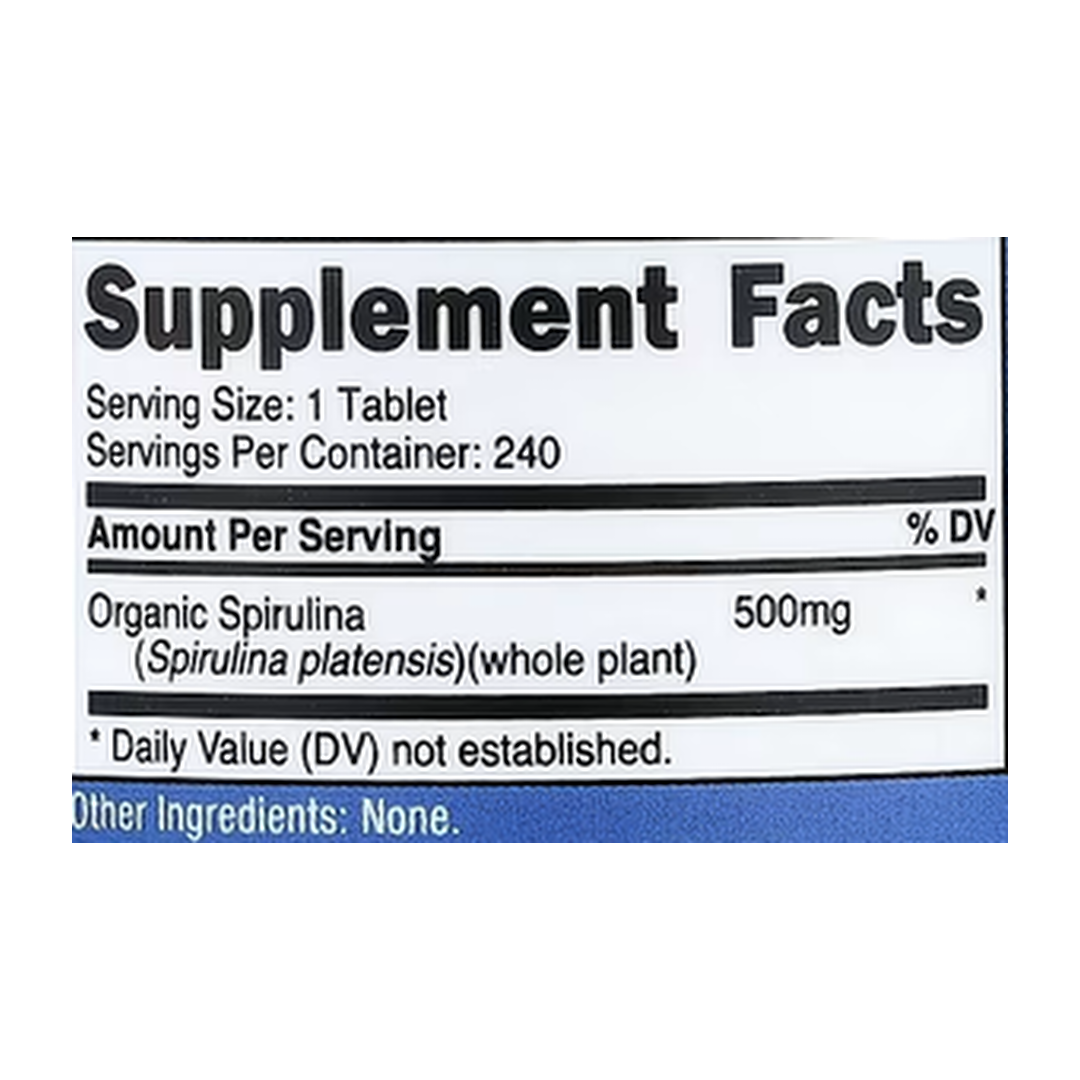 Nutricost, Organic Spirulina, 500 mg, 240 Tablets supplement facts label showing ingredients, vitamins, minerals, and serving information