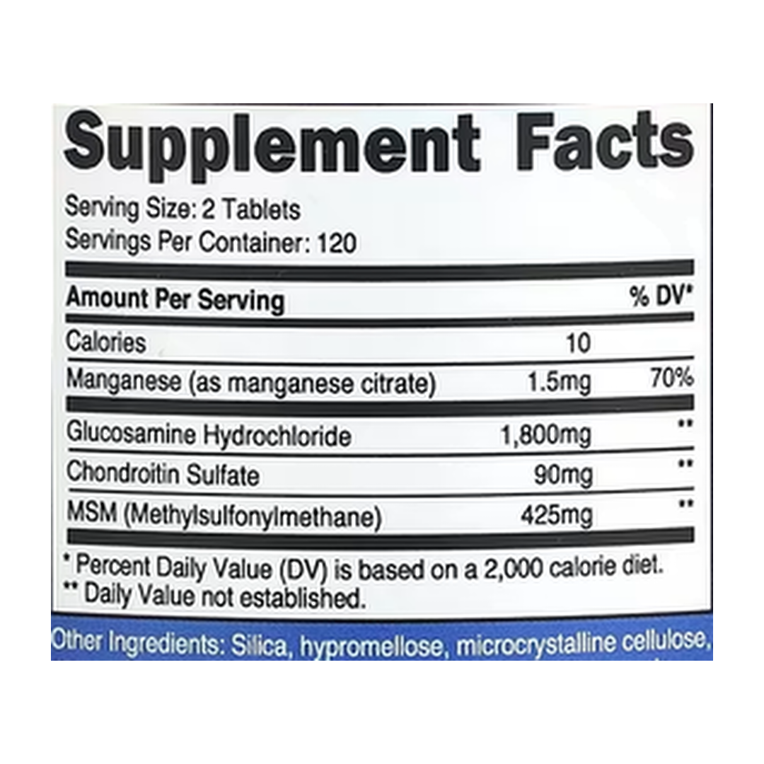 Nutricost, Glucosamine with Chondroitin & MSM, 240 Tablets supplement facts label showing ingredients, vitamins, minerals, and serving information