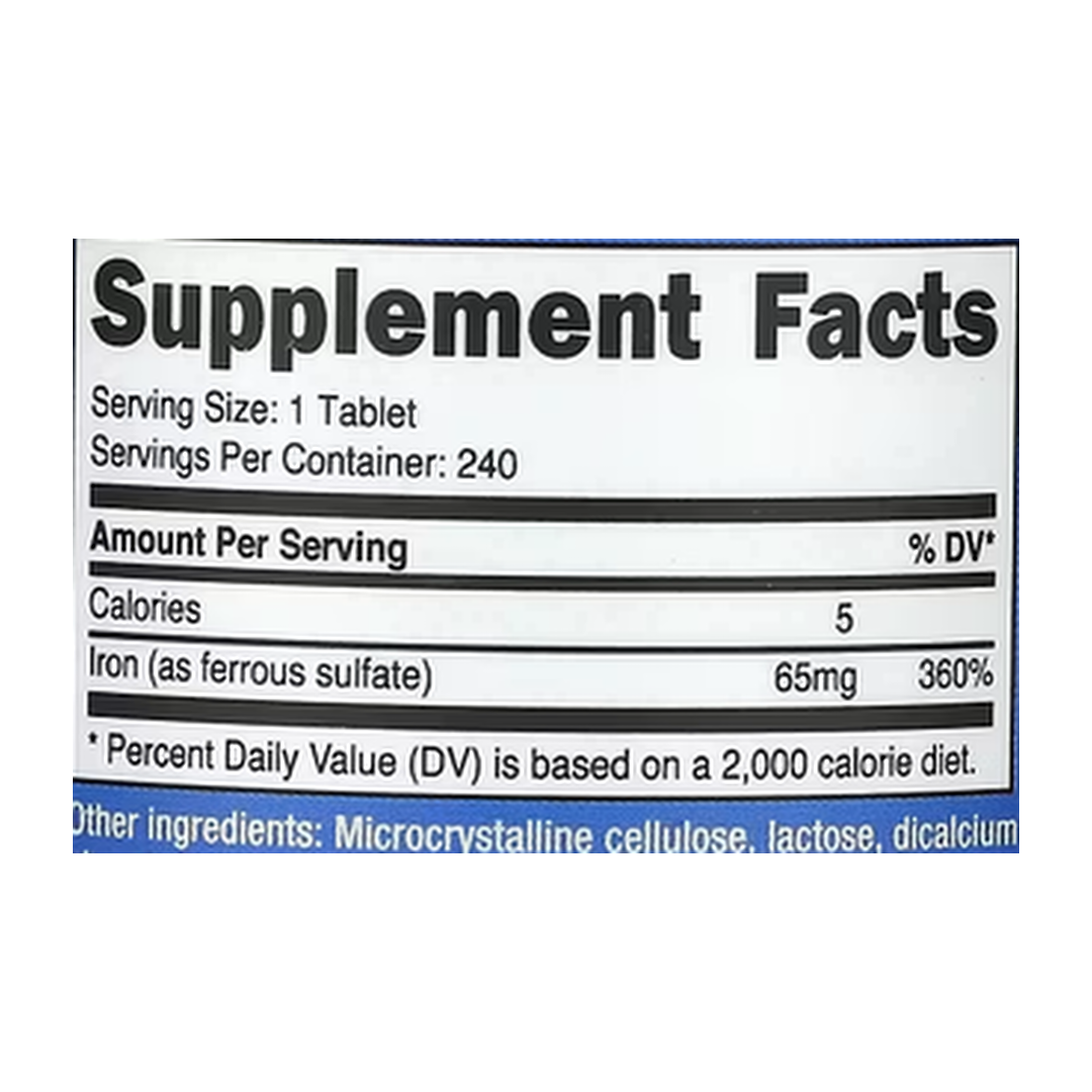 Nutricost, Iron, 65 mg, 240 Tablets supplement facts label showing ingredients, vitamins, minerals, and serving information