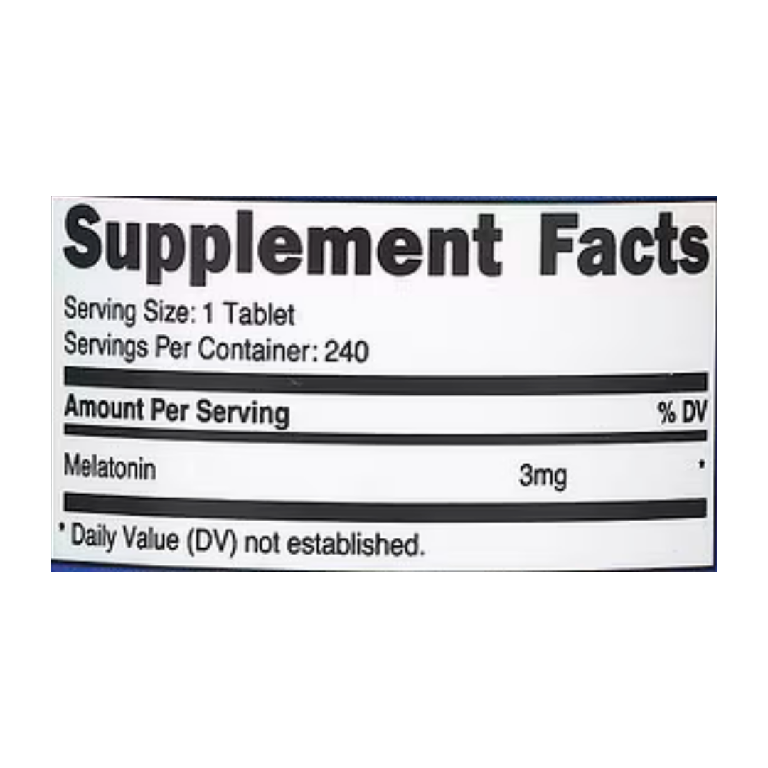 Nutricost, Melatonin, 3 mg, 240 Tablets supplement facts label showing ingredients, vitamins, minerals, and serving information