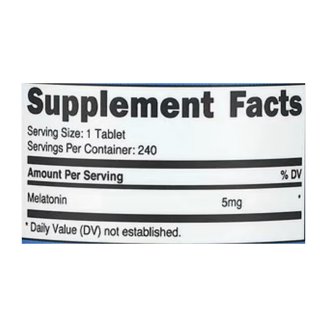 Nutricost, Melatonin, 5 mg, 240 Tablets supplement facts label showing ingredients, vitamins, minerals, and serving information