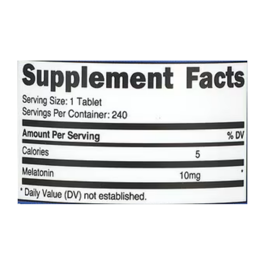 Nutricost, Melatonin, 10 mg, 240 Tablets supplement facts label showing ingredients, vitamins, minerals, and serving information