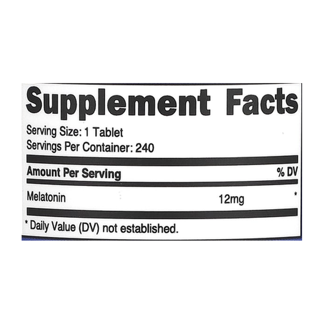 Nutricost, Melatonin, 12 mg, 240 Tablets supplement facts label showing ingredients, vitamins, minerals, and serving information
