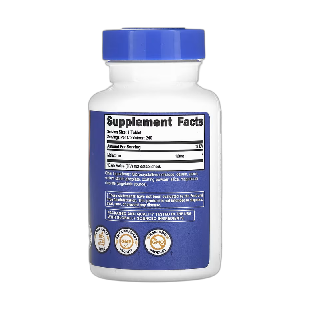 Nutricost, Melatonin, 12 mg, 240 Tablets back packaging view
