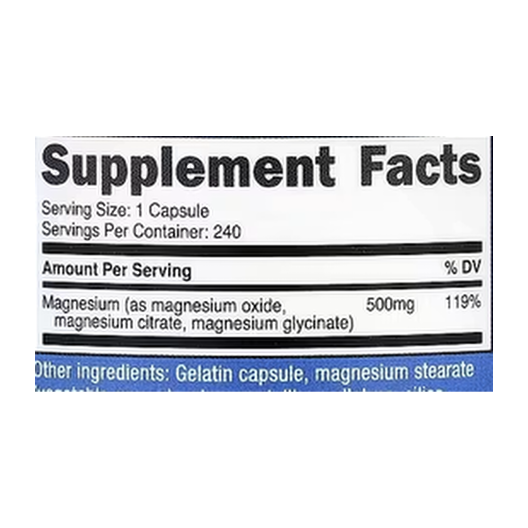 Nutricost, Magnesium Complex, 500 mg, 240 Capsules supplement facts label showing ingredients, vitamins, minerals, and serving information