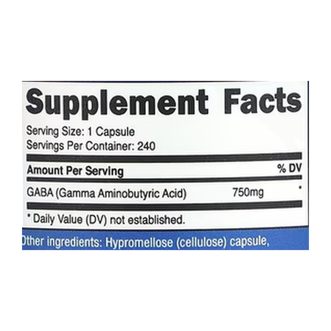 Nutricost, GABA, 750 mg, 240 Capsules supplement facts label showing ingredients, vitamins, minerals, and serving information