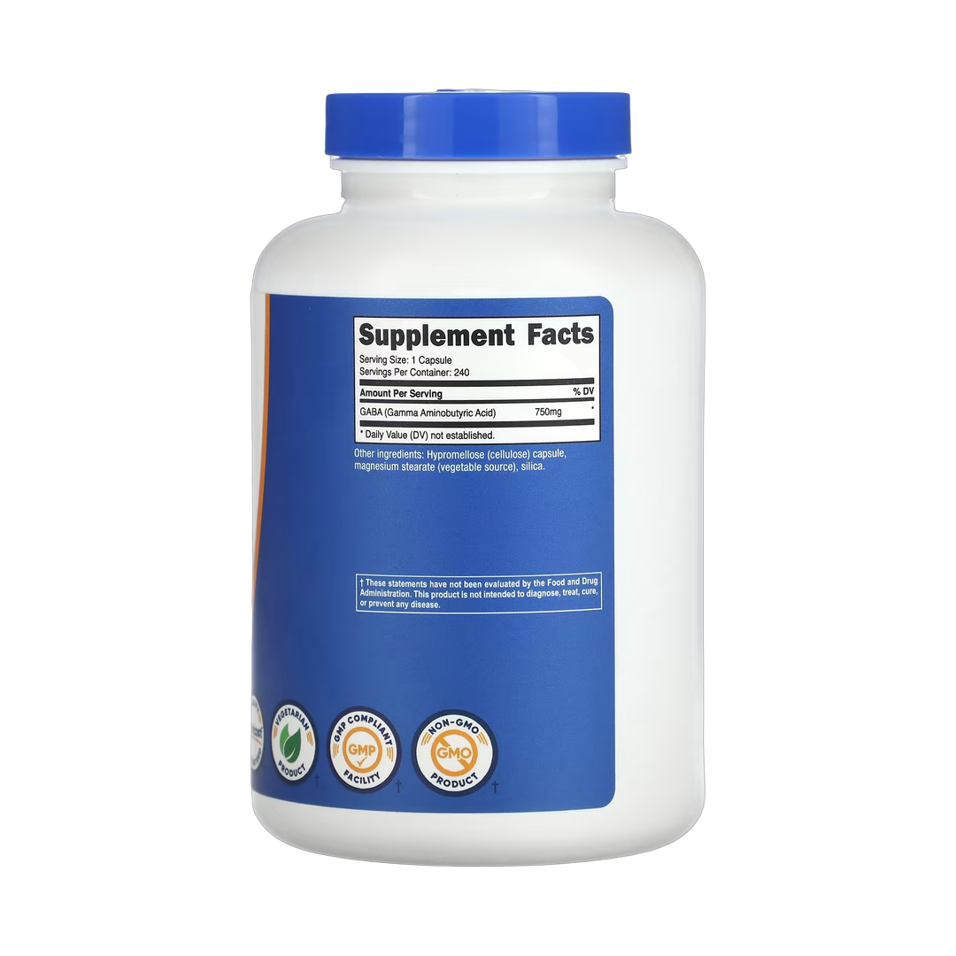 Nutricost, GABA, 750 mg, 240 Capsules back packaging view