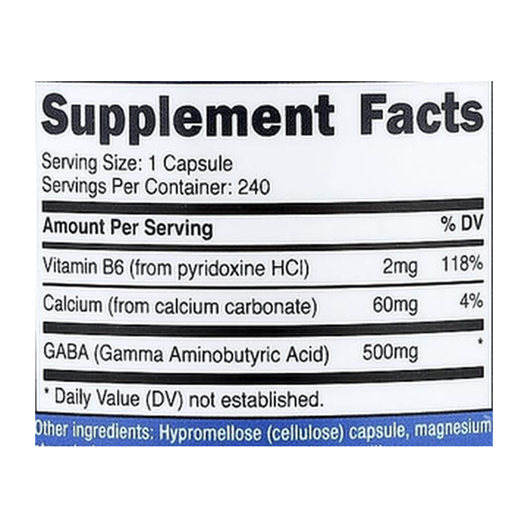 Nutricost, GABA with Vitamin B6, 240 Capsules supplement facts label showing ingredients, vitamins, minerals, and serving information