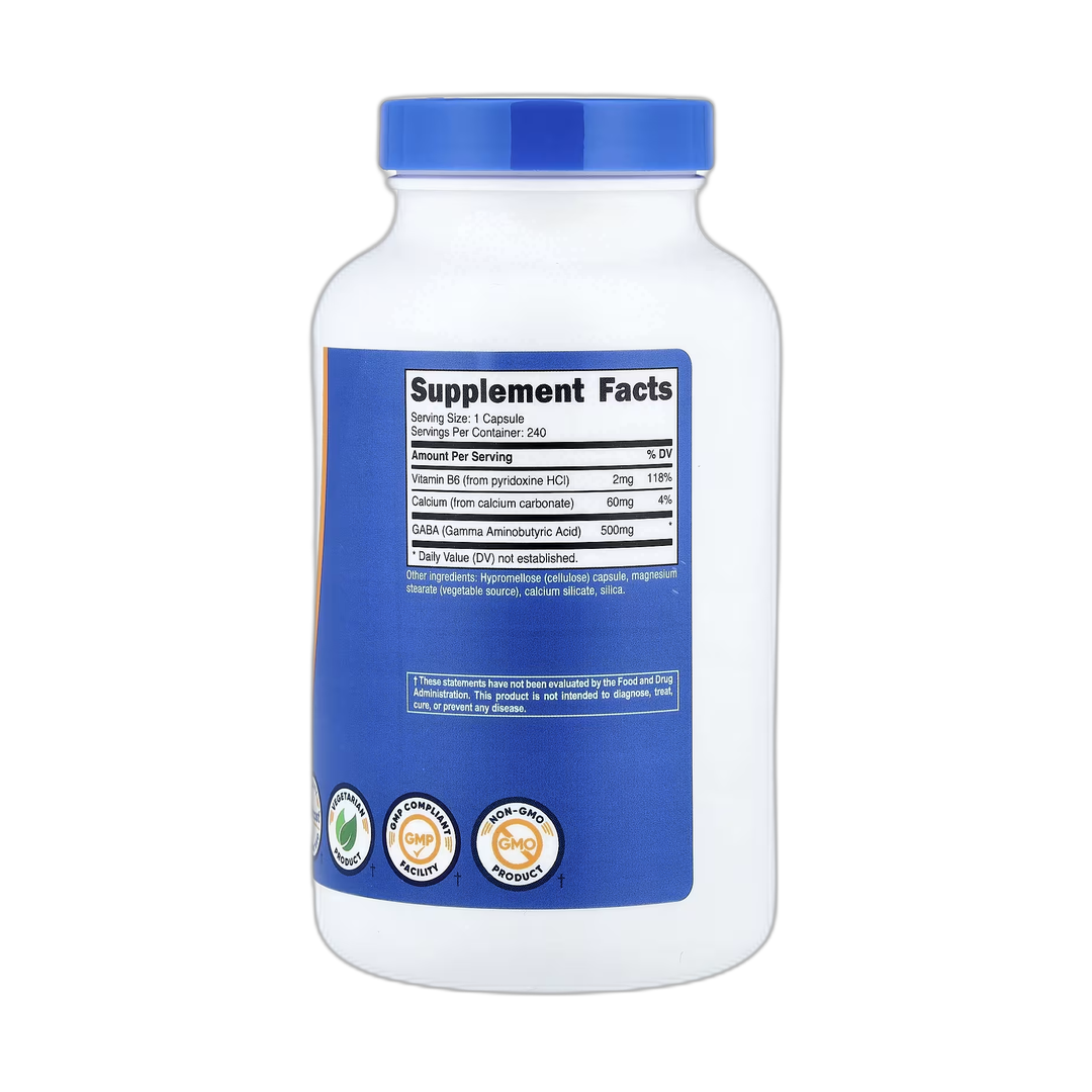 Nutricost, GABA with Vitamin B6, 240 Capsules back packaging view
