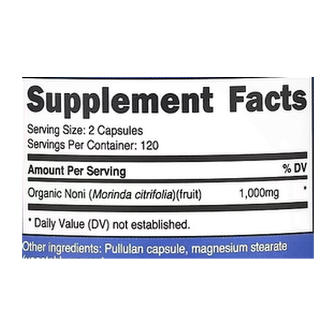 Nutricost, Noni, 240 Capsules supplement facts label showing ingredients, vitamins, minerals, and serving information