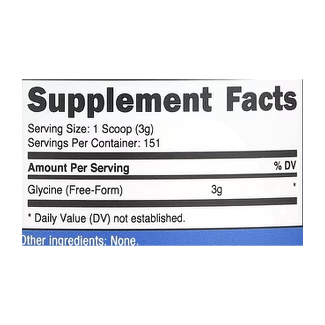 Nutricost, Glycine, Unflavored, 16 oz, 454 g supplement facts label showing ingredients, vitamins, minerals, and serving information