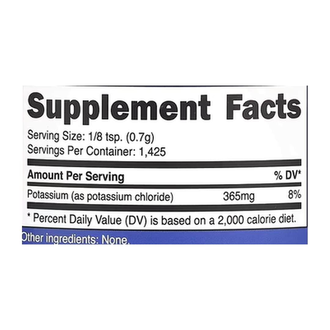 Nutricost, Potassium Chloride, Unflavored, 2.2 lbs, 1 kg supplement facts label showing ingredients, vitamins, minerals, and serving information