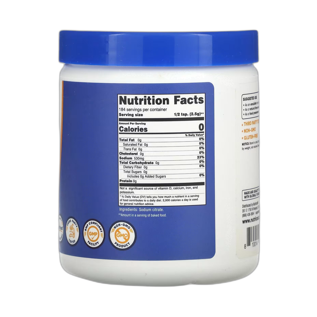 Nutricost, Sodium Citrate, Unflavored, 16 oz, 454 g back packaging view