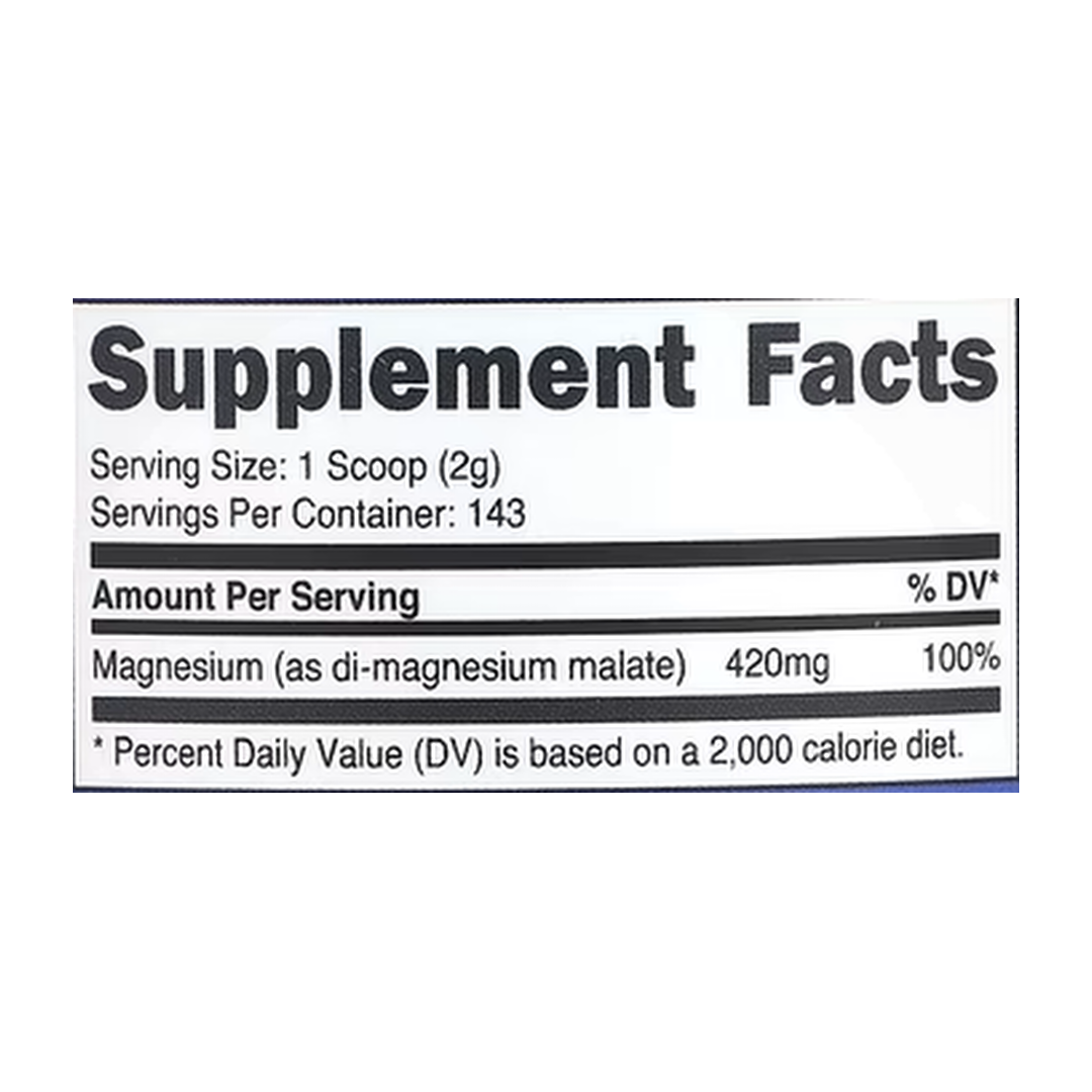 Nutricost, Magnesium Malate, Unflavored, 10.6 oz, 300 g supplement facts label showing ingredients, vitamins, minerals, and serving information