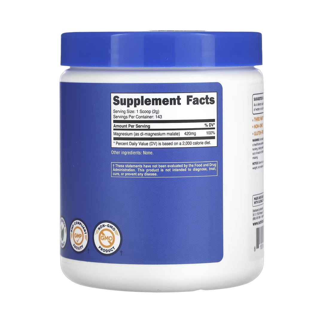 Nutricost, Magnesium Malate, Unflavored, 10.6 oz, 300 g back packaging view