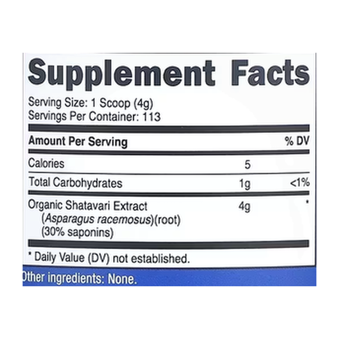 Nutricost, Organic Shatavari, Unflavored, 16.2 oz, 454 g supplement facts label showing ingredients, vitamins, minerals, and serving information