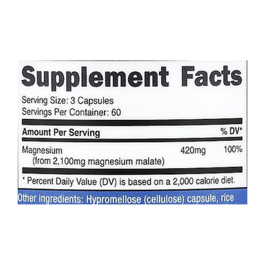 Nutricost, Magnesium Malate, 180 Capsules supplement facts label showing ingredients, vitamins, minerals, and serving information
