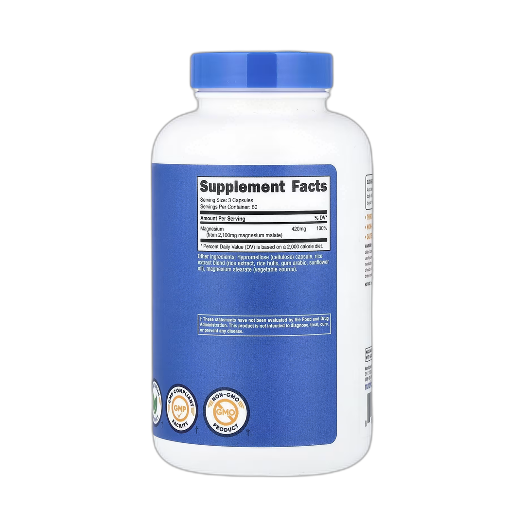Nutricost, Magnesium Malate, 180 Capsules back packaging view