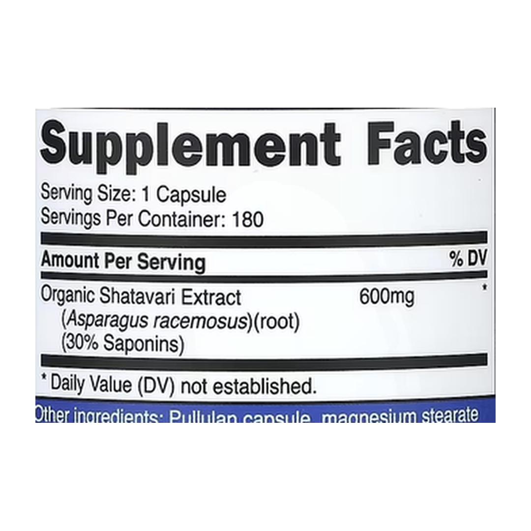 Nutricost, Shatavari, 600 mg, 180 Capsules supplement facts label showing ingredients, vitamins, minerals, and serving information