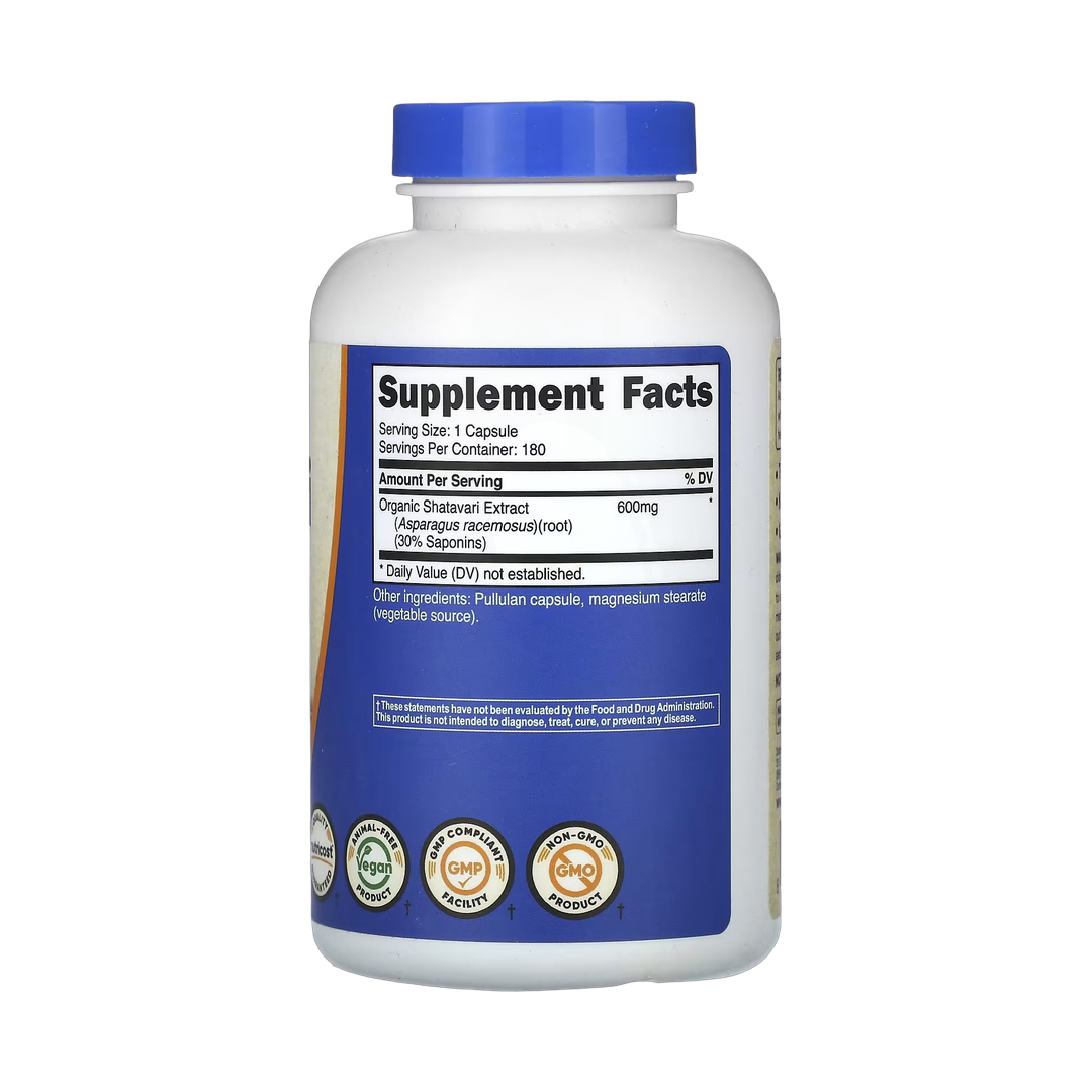 Nutricost, Shatavari, 600 mg, 180 Capsules back packaging view