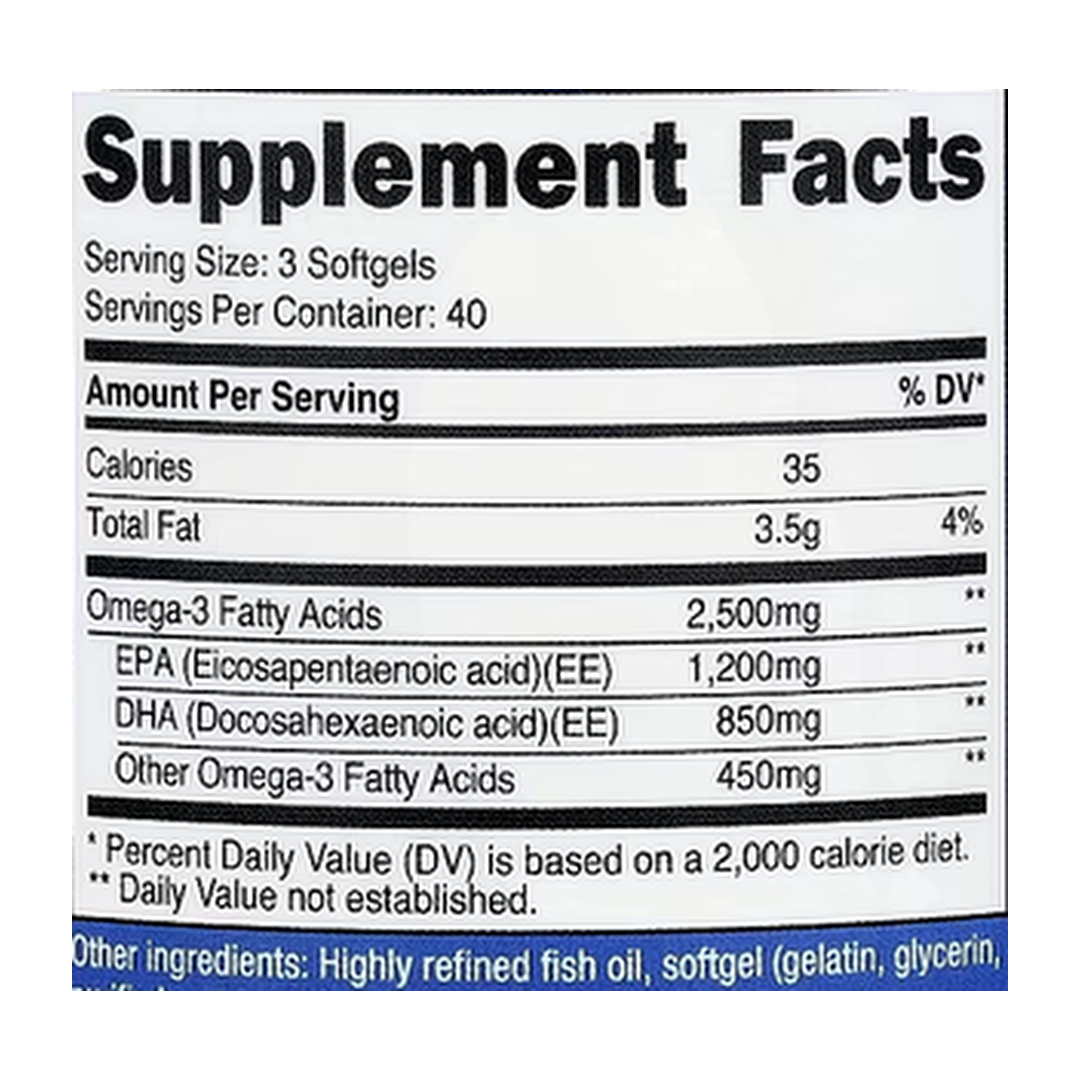 Nutricost, Omega-3, 120 Softgels supplement facts label showing ingredients, vitamins, minerals, and serving information