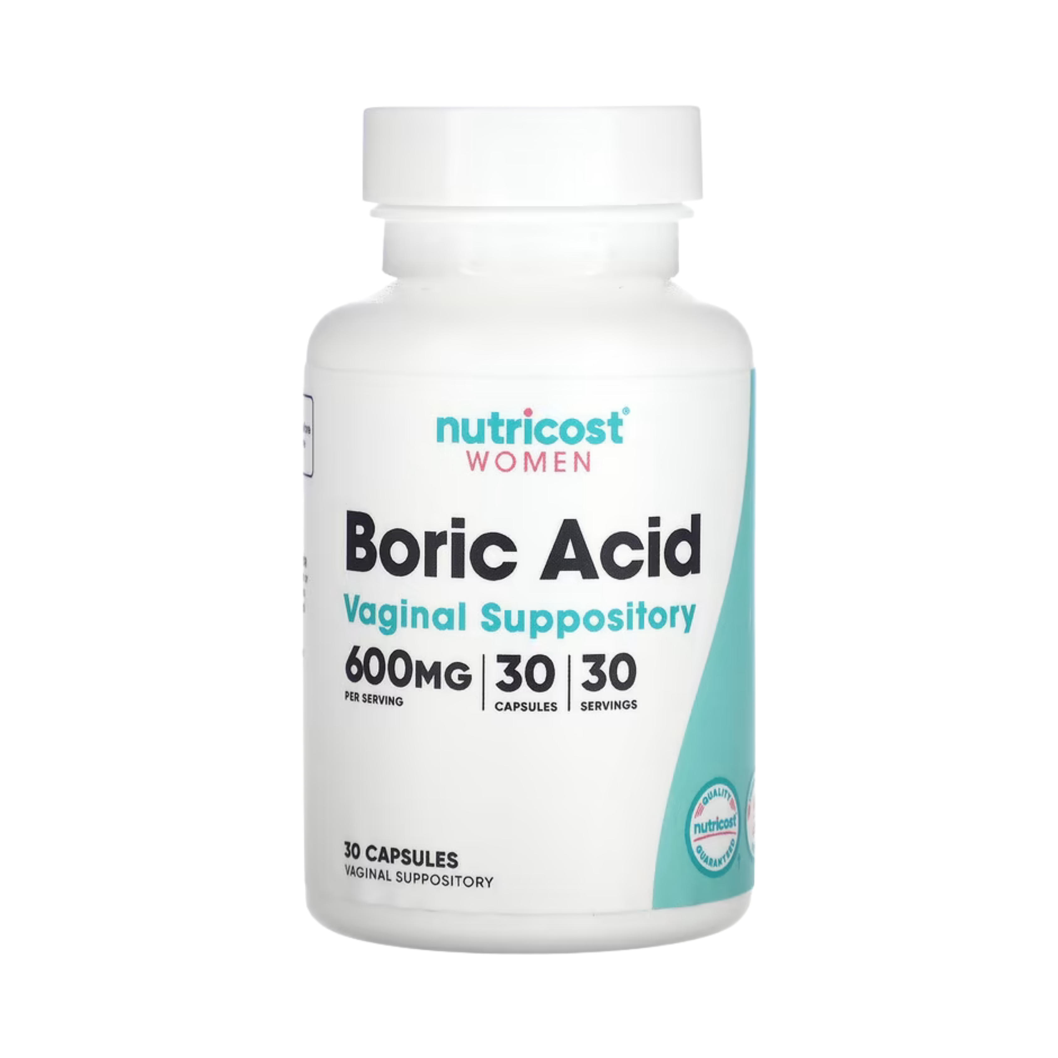 Nutricost, Women, Boric Acid, Vaginal Suppository, 600 mg, 30 Capsules front packaging view