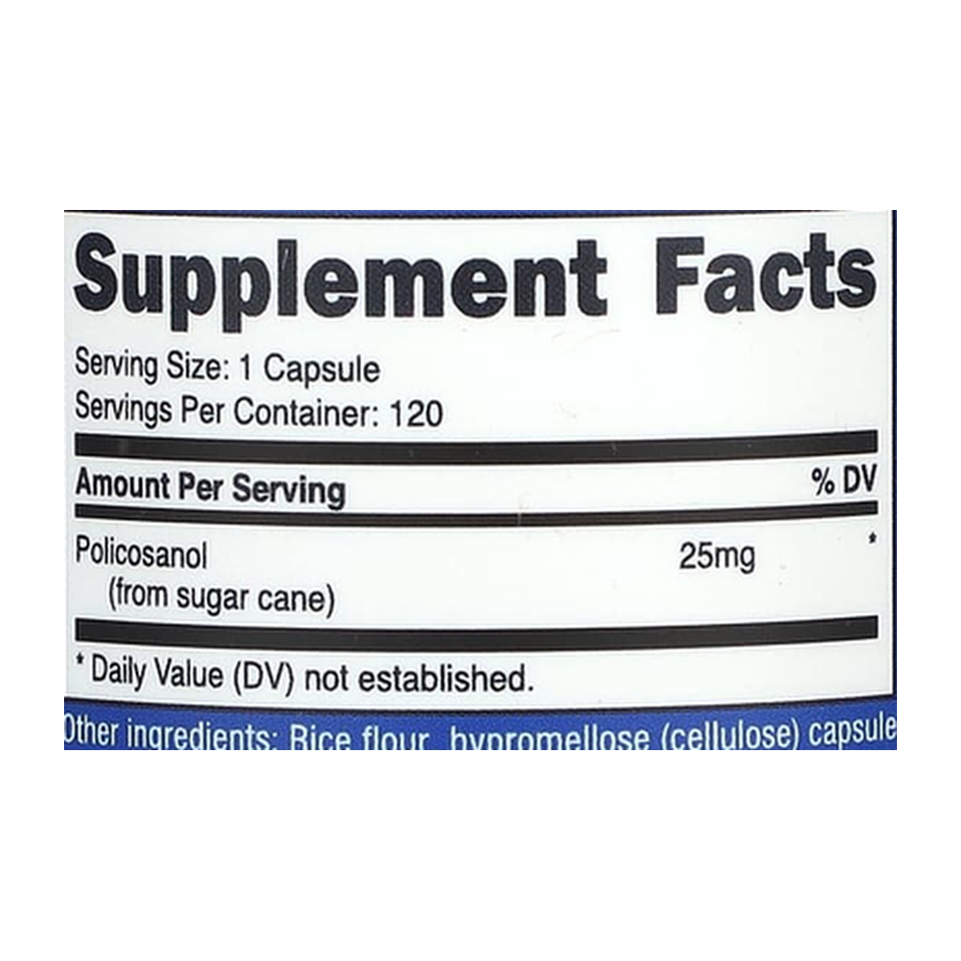 Nutricost, Policosanol, 25 mg, 120 Capsules supplement facts label showing ingredients, vitamins, minerals, and serving information