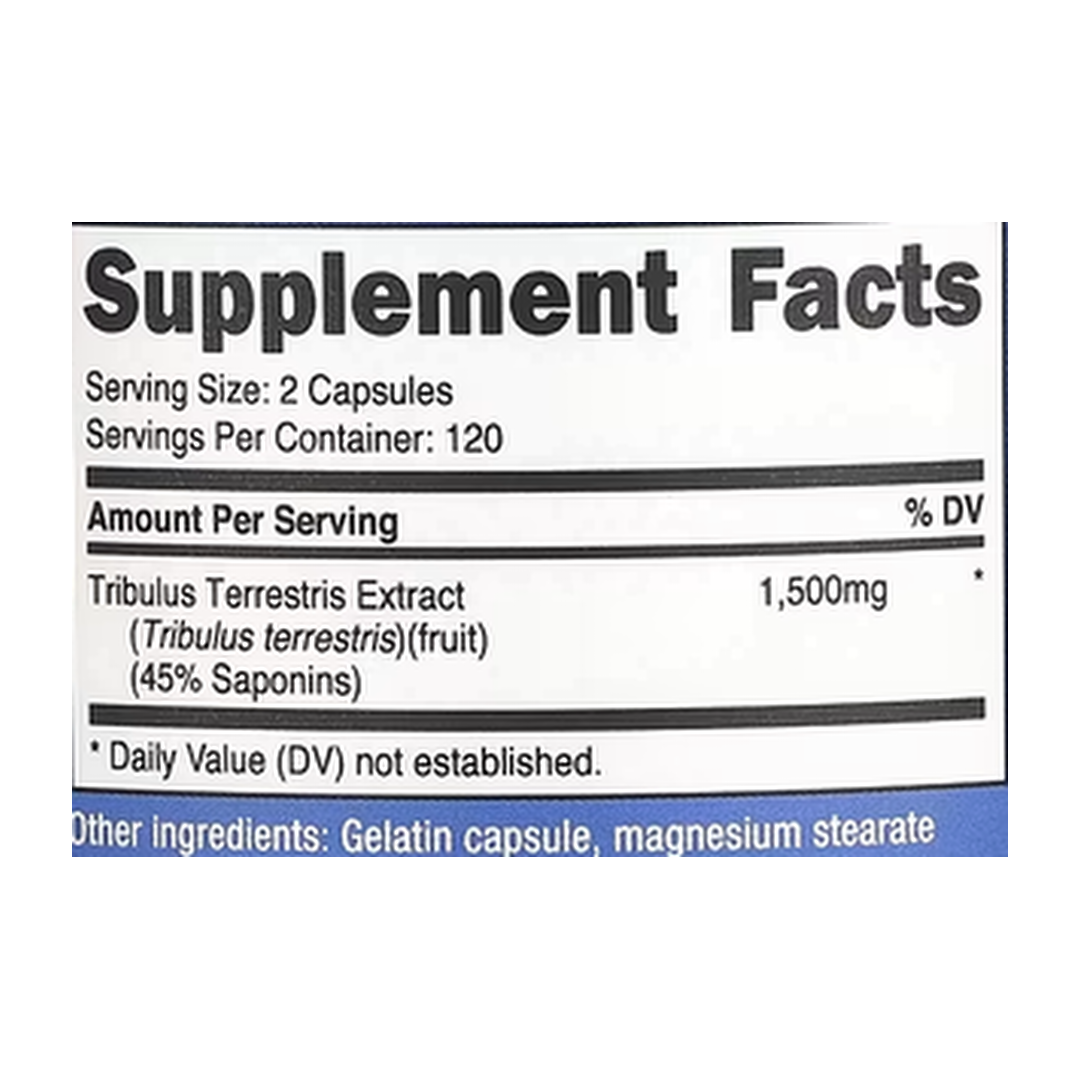 Nutricost, Tribulus, 240 Capsules supplement facts label showing ingredients, vitamins, minerals, and serving information