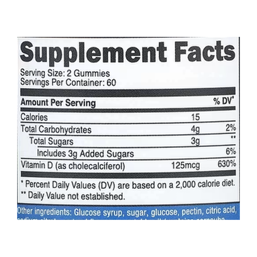 Nutricost, Vitamin D3 Gummies, Mixed Berry, 120 Gummies supplement facts label showing ingredients, vitamins, minerals, and serving information