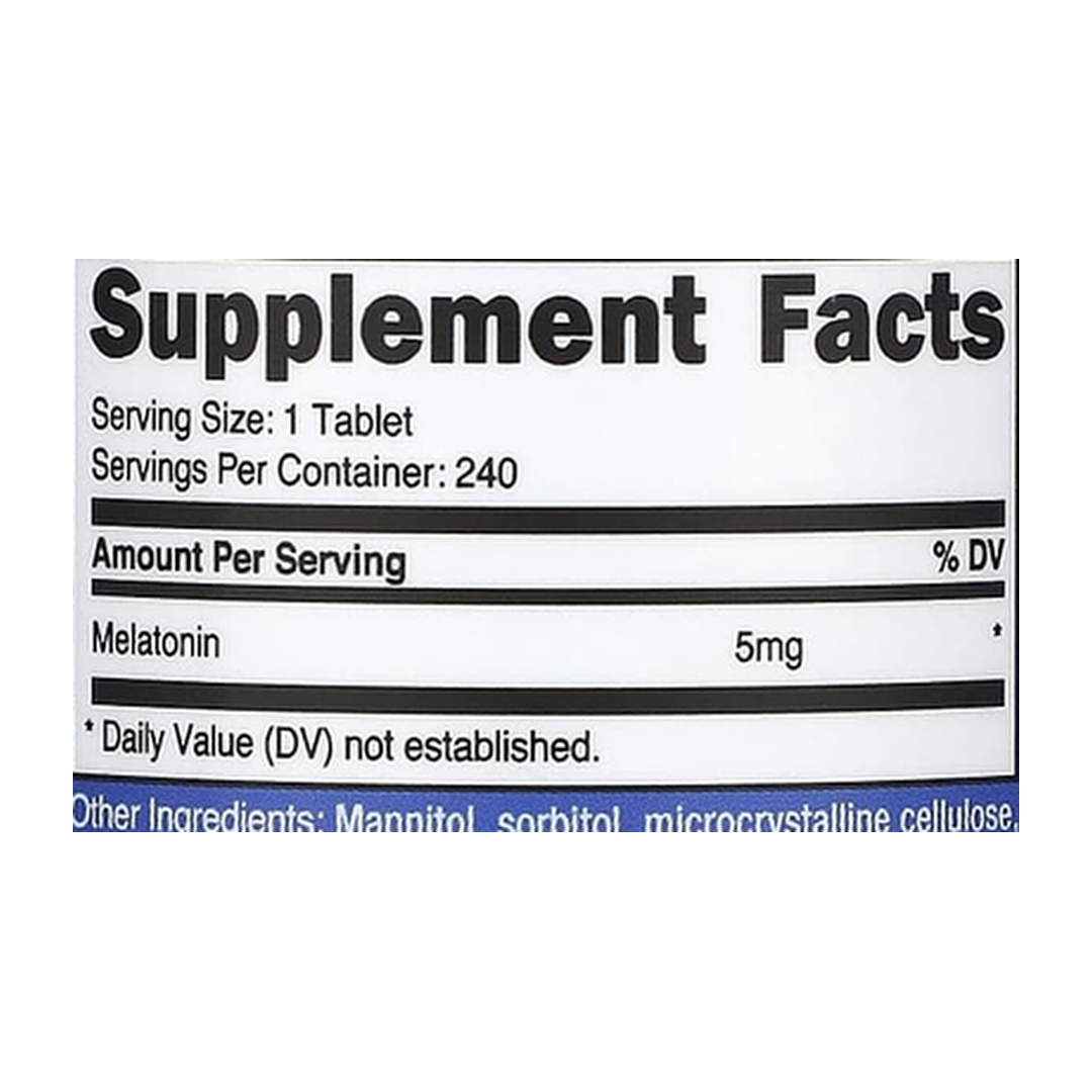 Nutricost, Melatonin, Mixed Berry, 5 mg, 240 Tablets supplement facts label showing ingredients, vitamins, minerals, and serving information