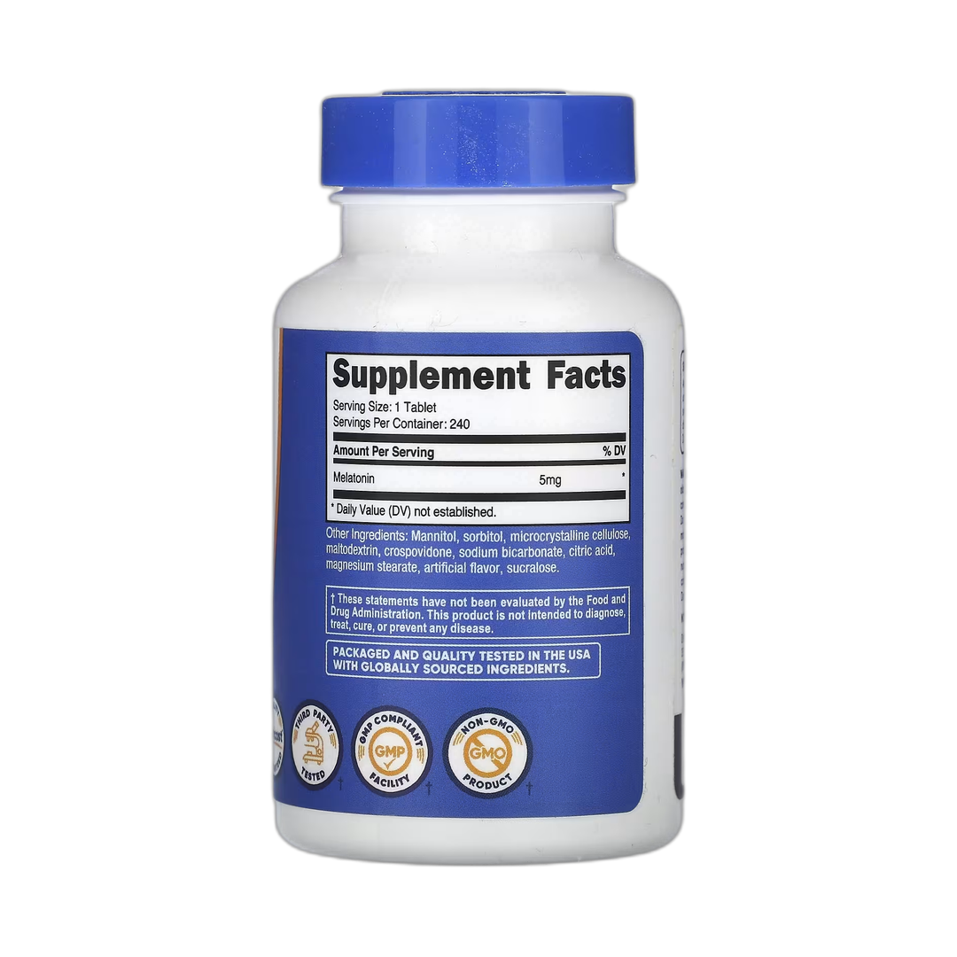 Nutricost, Melatonin, Mixed Berry, 5 mg, 240 Tablets back packaging view