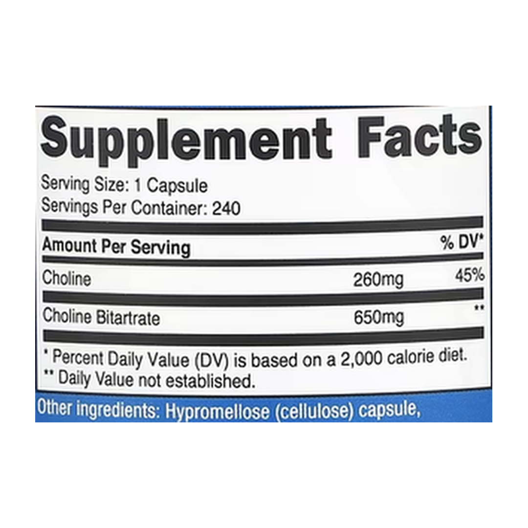 Nutricost, Choline Bitartrate, 650 mg , 240 Capsules supplement facts label showing ingredients, vitamins, minerals, and serving information