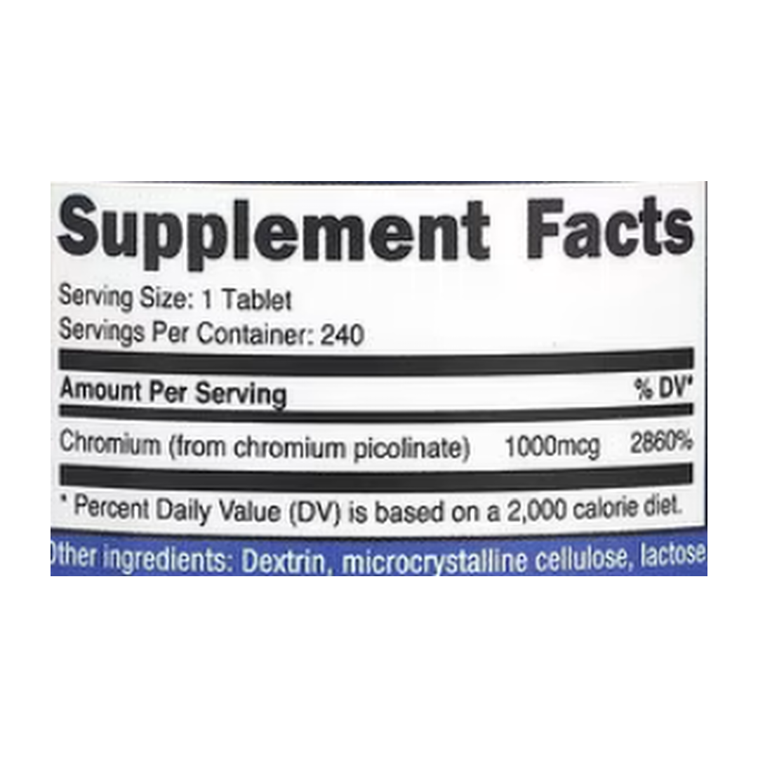 Nutricost, Chromium Picolinate, 1,000 mcg, 240 Tablets supplement facts label showing ingredients, vitamins, minerals, and serving information