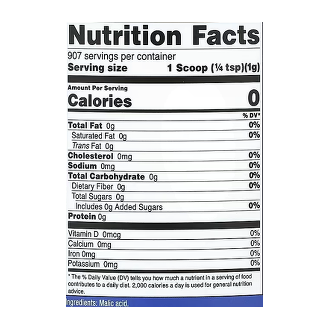 Nutricost, Malic Acid, Unflavored, 32 oz, 907 g supplement facts label showing ingredients, vitamins, minerals, and serving information