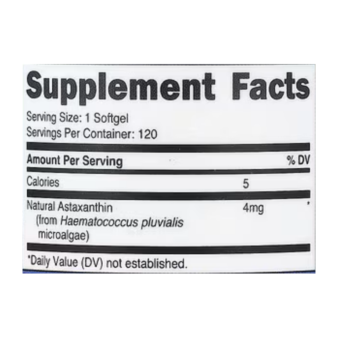 Nutricost, Astaxanthin, 4 mg, 120 Softgels supplement facts label showing ingredients, vitamins, minerals, and serving information
