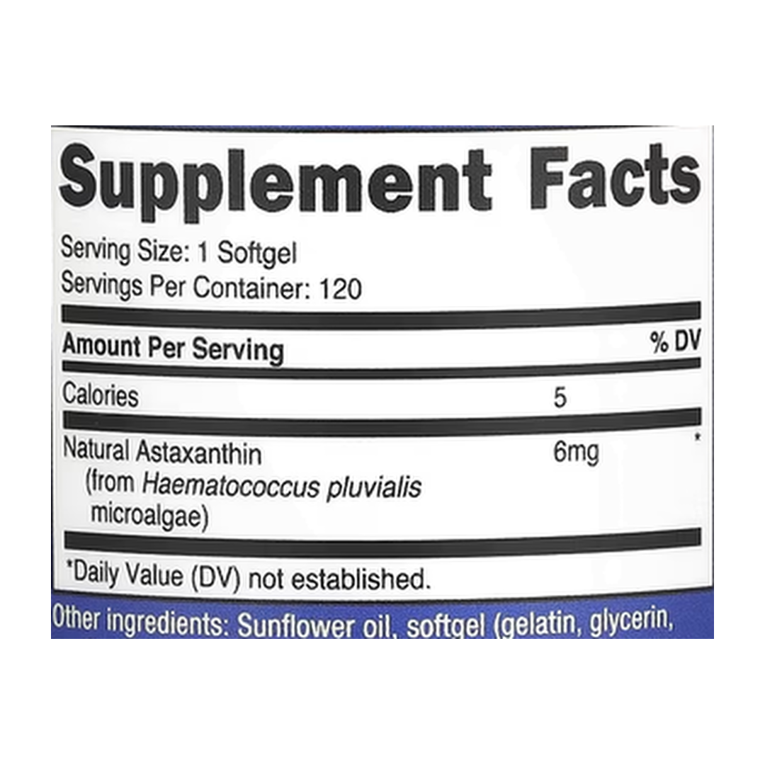 Nutricost, Astaxanthin, 6 mg, 120 Softgels supplement facts label showing ingredients, vitamins, minerals, and serving information
